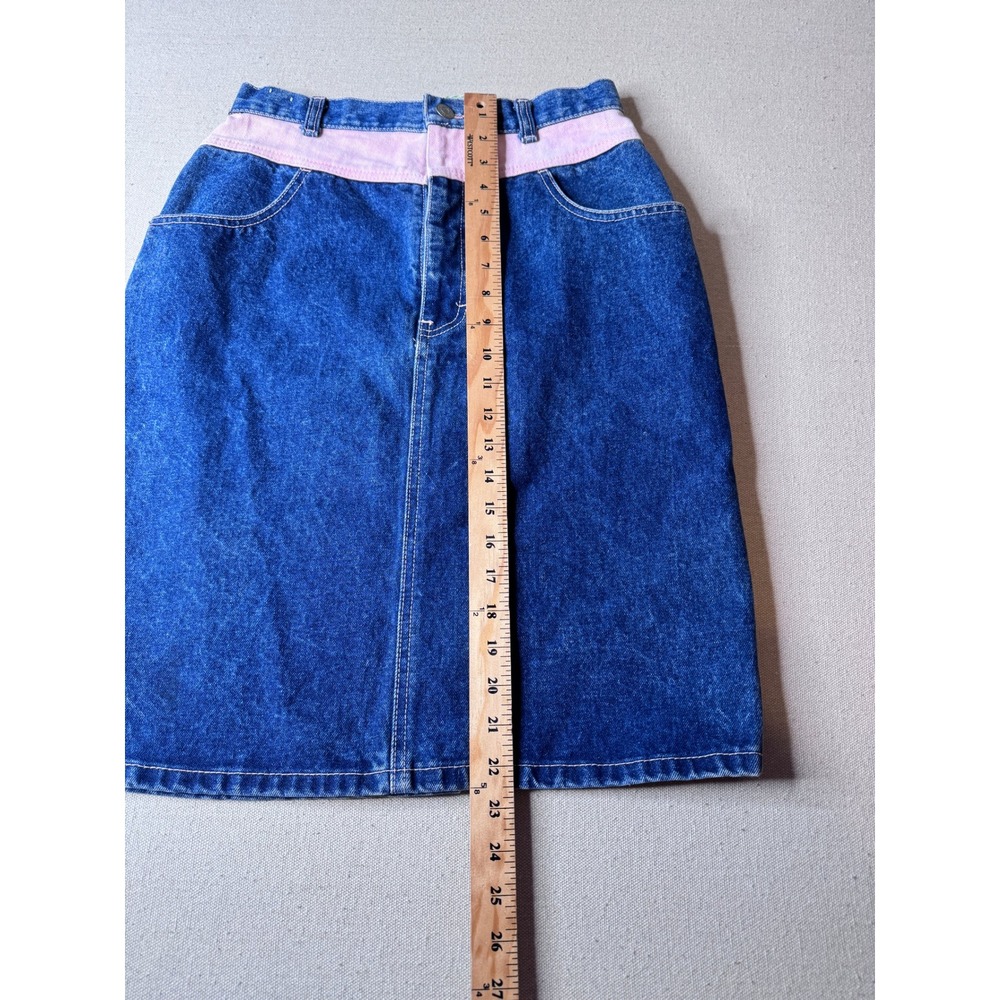 80s True Blue Denim Skirt Pink Waist High Rise Knee Length 27" Waist Vintage - Picture 5 of 6
